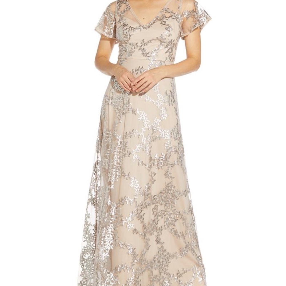 Adrianna Papell V-Neck Short Flutter Sleeve Embroidered Metallic A-Line Gown 12